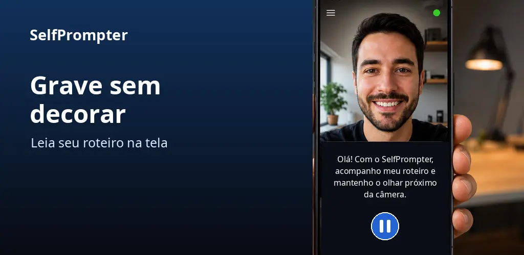 Pessoa gravando com o roteiro do SelfPrompter exibido próximo à câmera